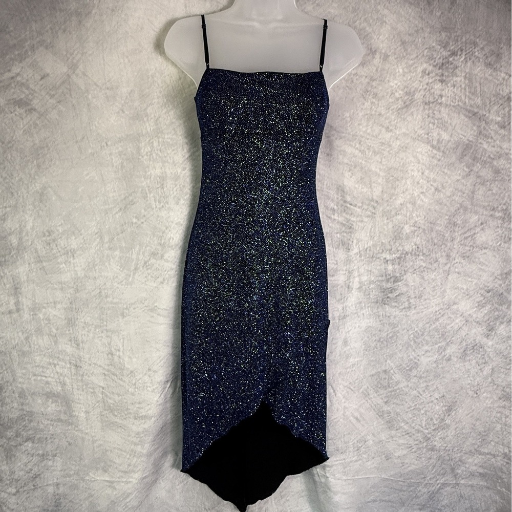 Vtg Y2k Prom Gown dress sz M blue sparkle babydoll asymetrical Whimsigoth